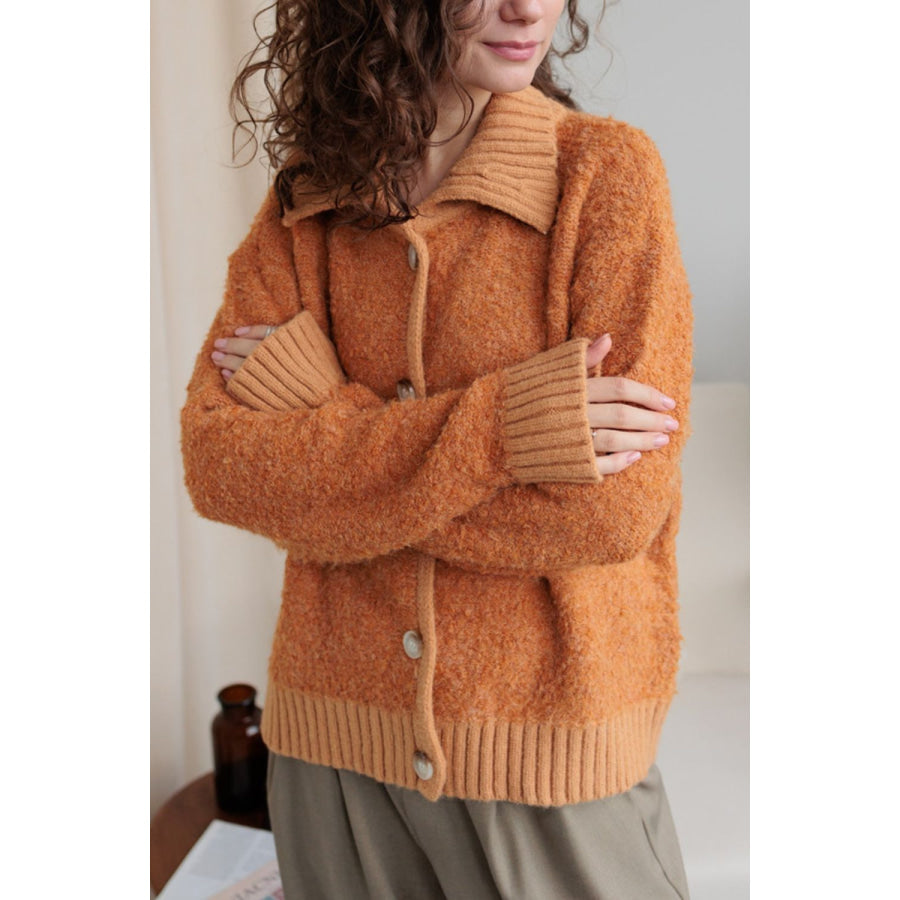 Collared Neck Button Down Long Sleeve Cardigan Tangerine / One Size Apparel and Accessories