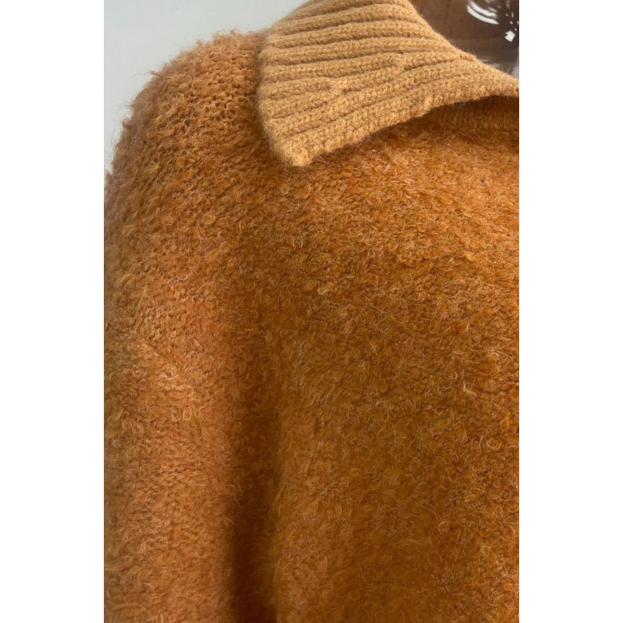 Collared Neck Button Down Long Sleeve Cardigan Tangerine / One Size Apparel and Accessories