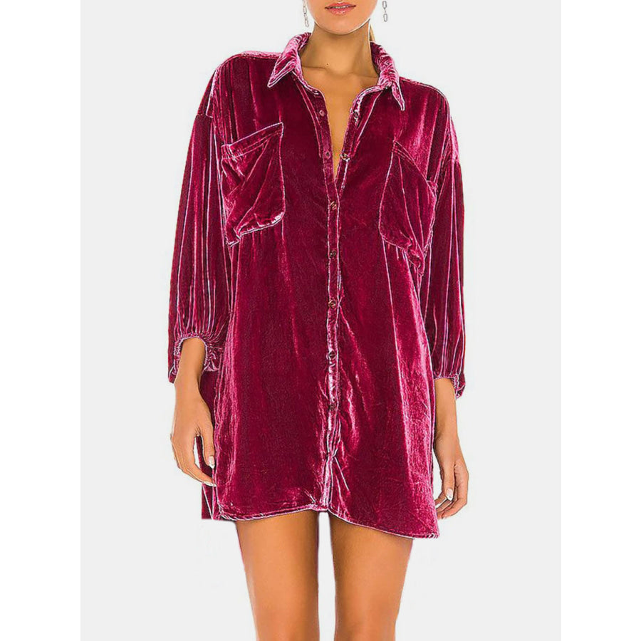 Collared Neck Button Down Long Sleeve Shirt Deep Purple / S Apparel and Accessories