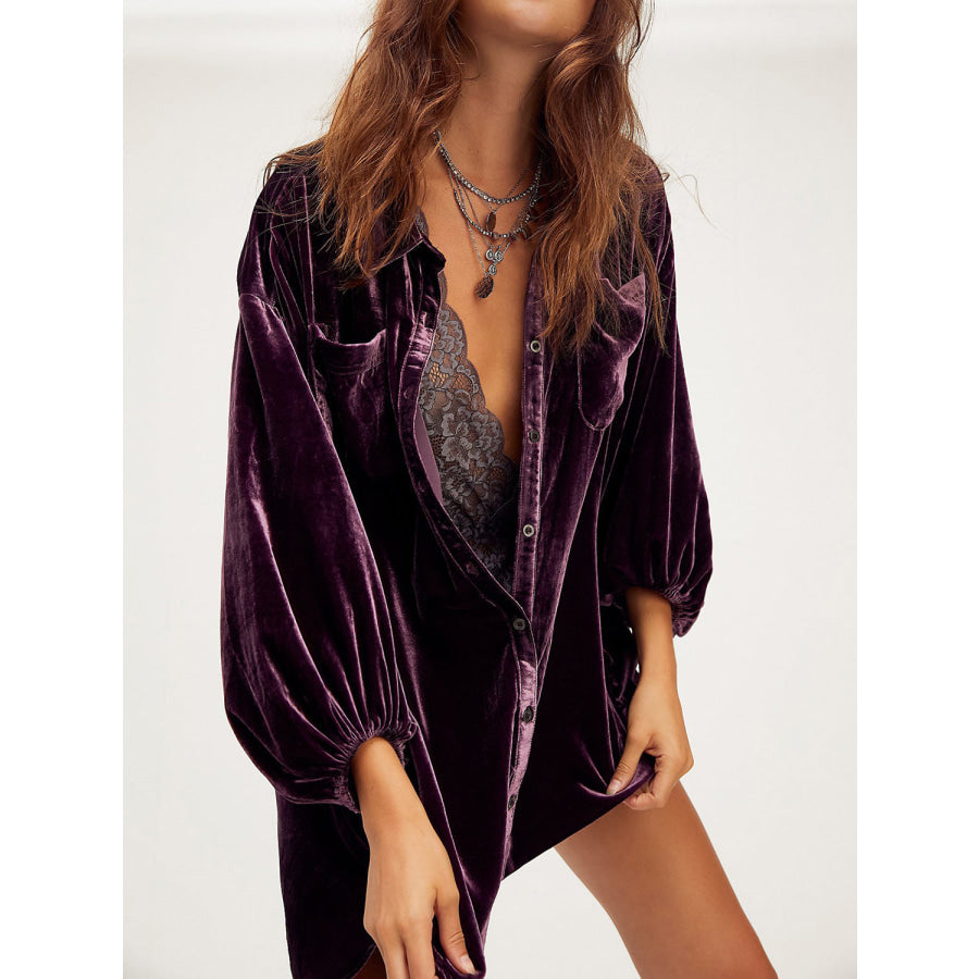 Collared Neck Button Down Long Sleeve Shirt Plum Purple / S Apparel and Accessories