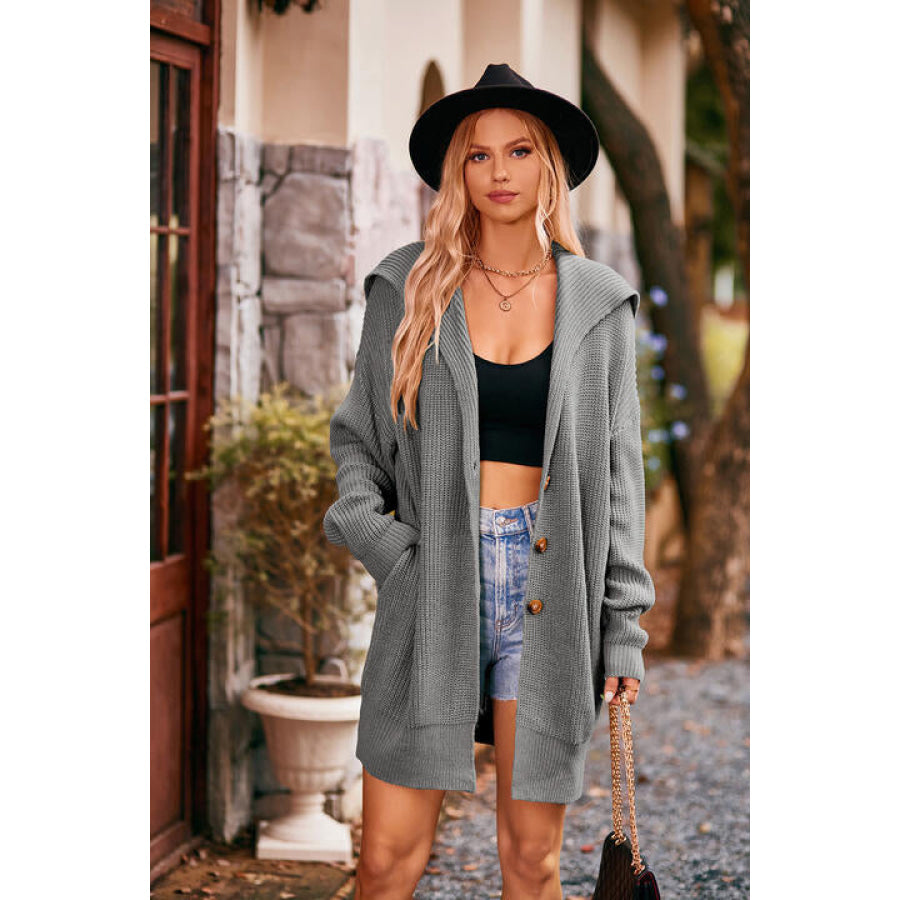Collared Neck Button-Up Cardigan with Pockets Heather Gray / S Clothing