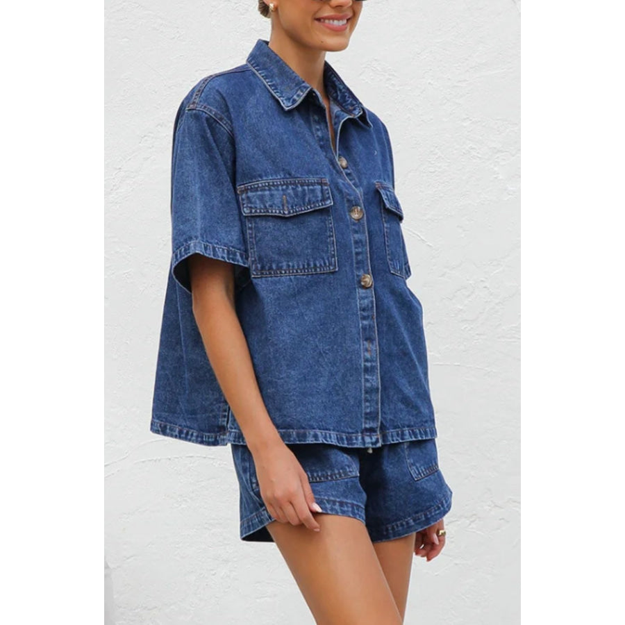 Collared Neck Button Up Top and Shorts Denim Set Apparel and Accessories