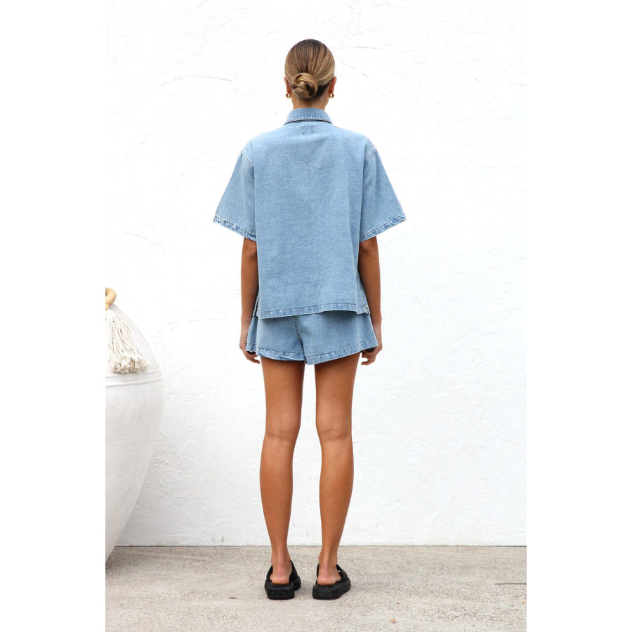 Collared Neck Button Up Top and Shorts Denim Set Apparel and Accessories