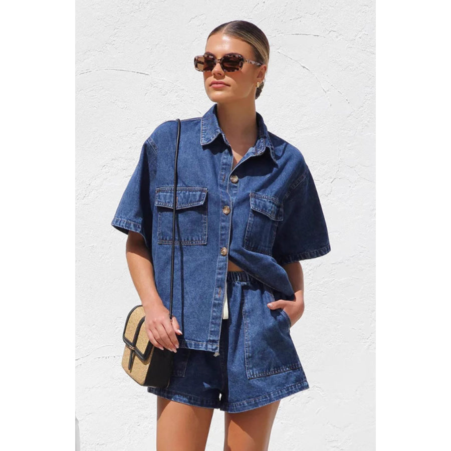 Collared Neck Button Up Top and Shorts Denim Set Apparel and Accessories