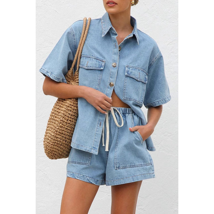 Collared Neck Button Up Top and Shorts Denim Set Apparel and Accessories