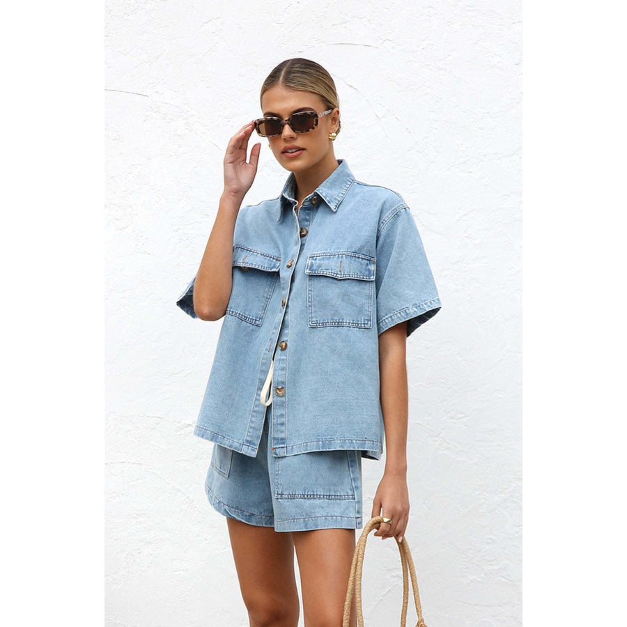 Collared Neck Button Up Top and Shorts Denim Set Apparel and Accessories