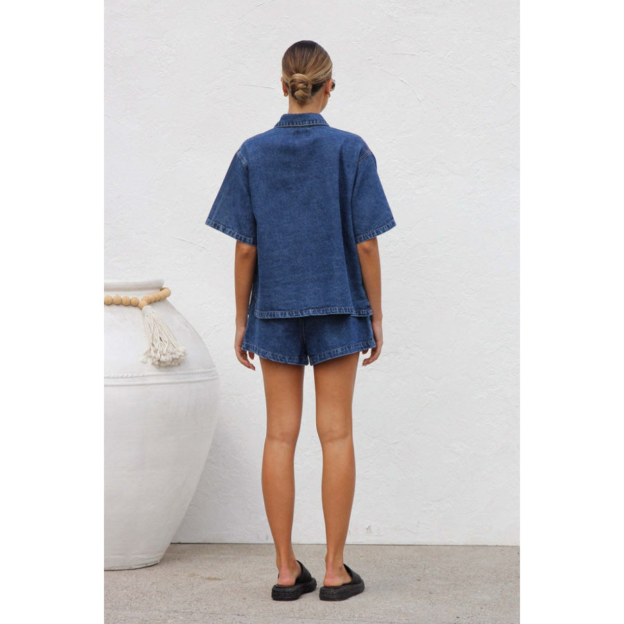 Collared Neck Button Up Top and Shorts Denim Set Apparel and Accessories