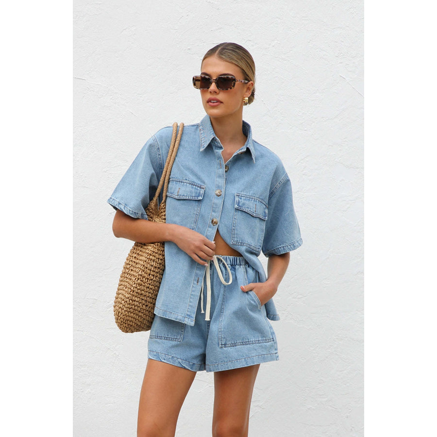 Collared Neck Button Up Top and Shorts Denim Set Light / S Apparel and Accessories