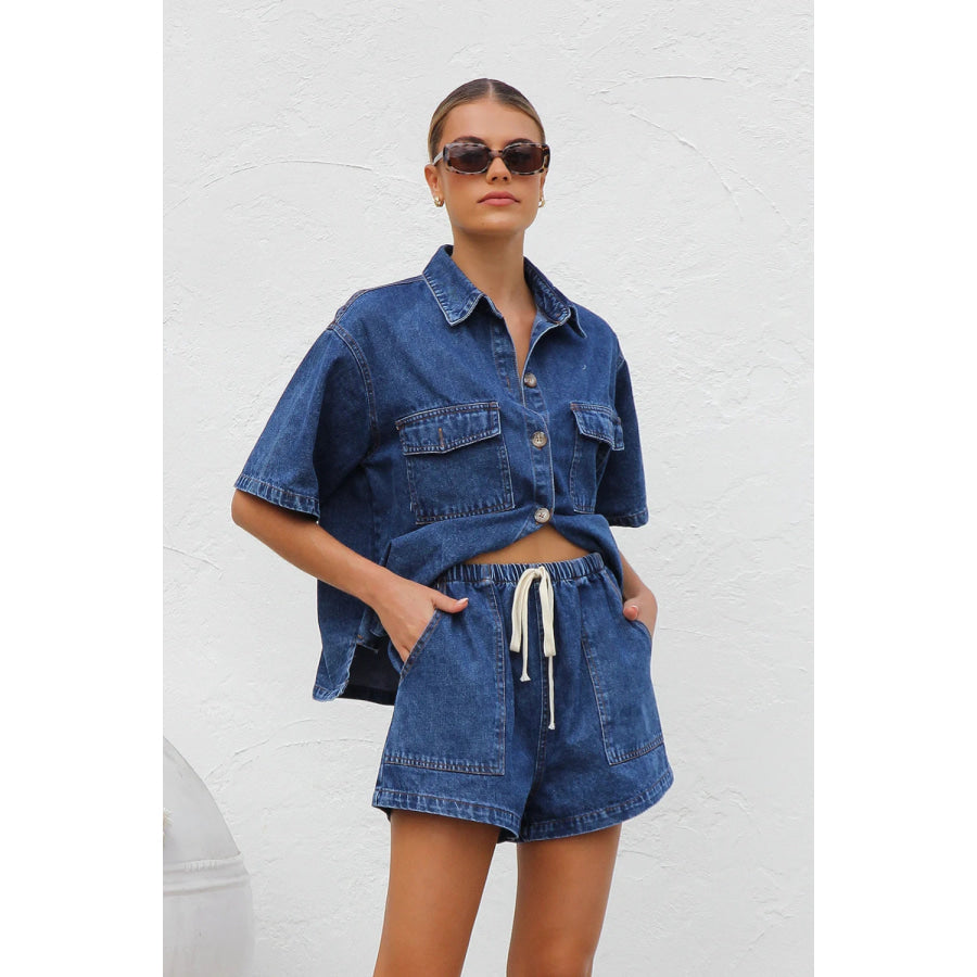 Collared Neck Button Up Top and Shorts Denim Set Medium / S Apparel and Accessories