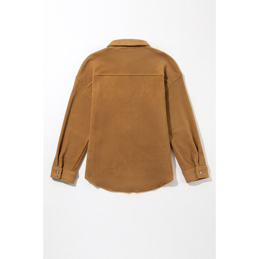 Collared Neck Long Sleeve Fleece Shacket Apparel and Accessories