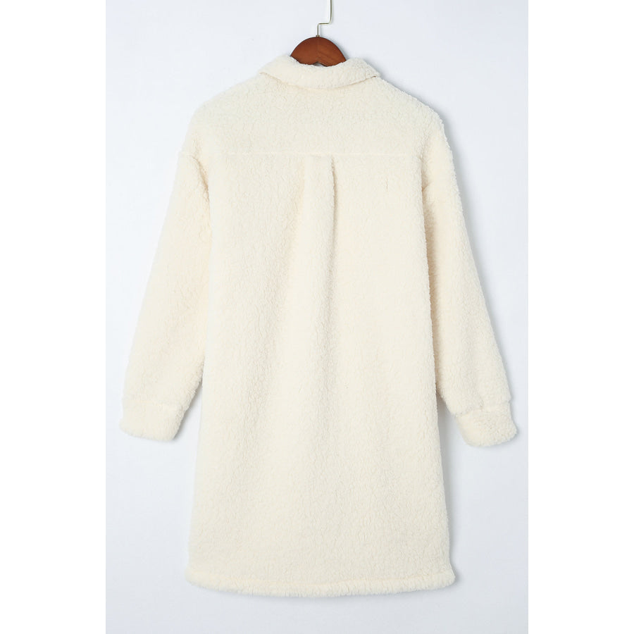 Collared Neck Long Sleeve Longline Teddy Jacket Apparel and Accessories