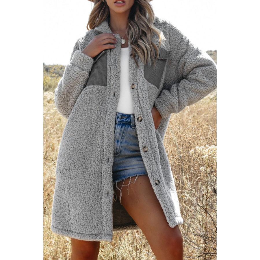 Collared Neck Long Sleeve Longline Teddy Jacket Apparel and Accessories