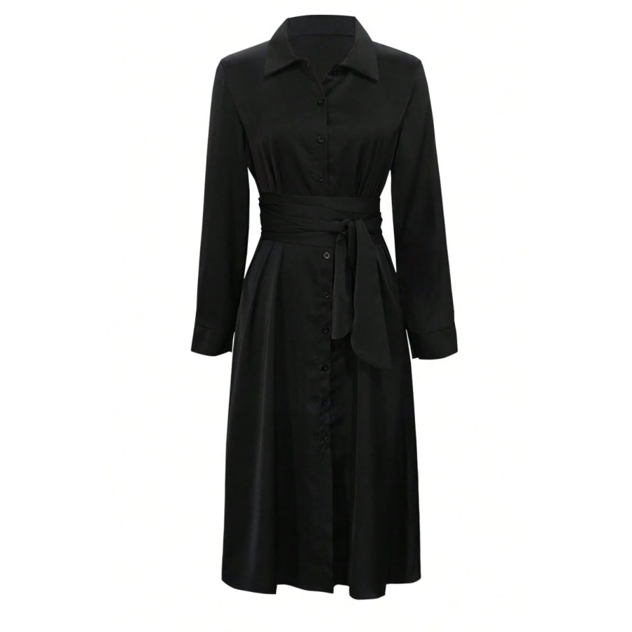 Collared Neck Long Sleeve Midi Shirt Dress Apparel and Accessories