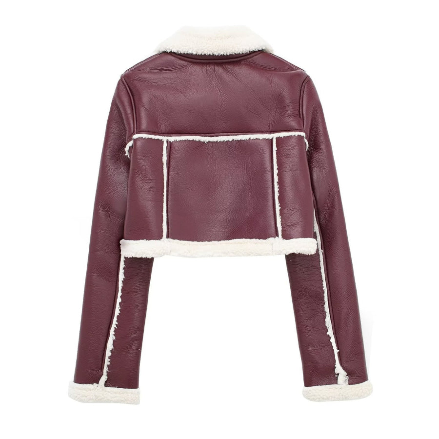 Collared Neck Long Sleeve Plush Cropped Jacket Apparel and Accessories
