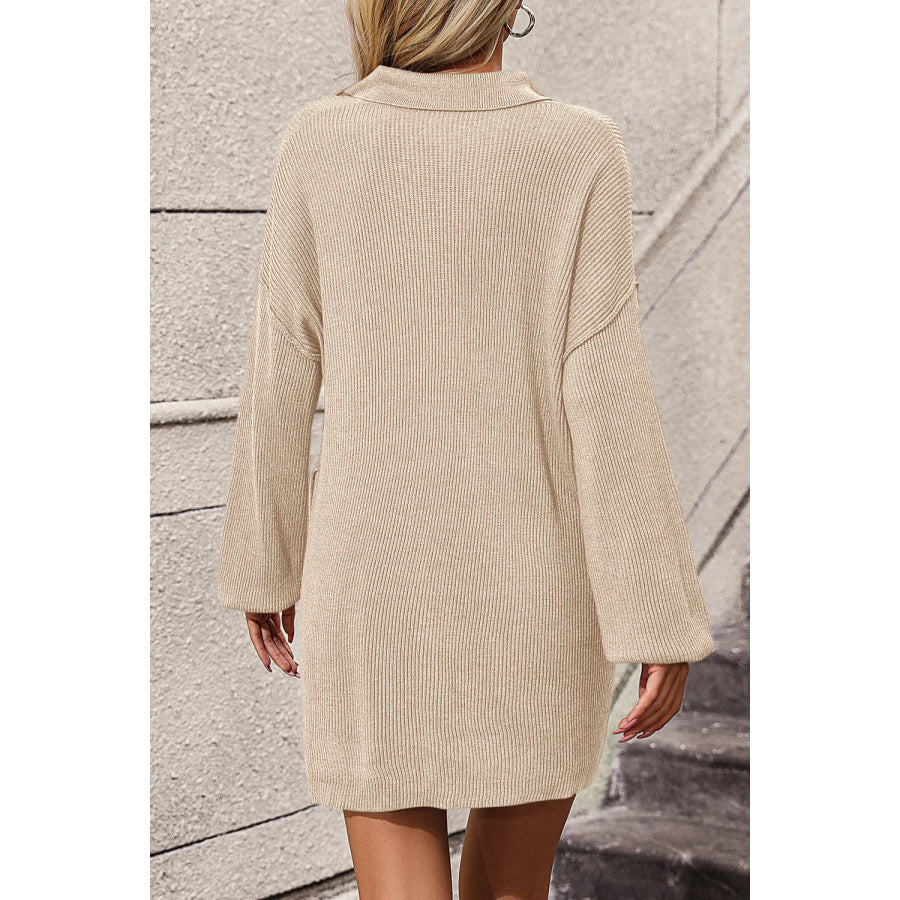 Collared Neck Long Sleeve Sweater Dress with Pockets Apparel and Accessories