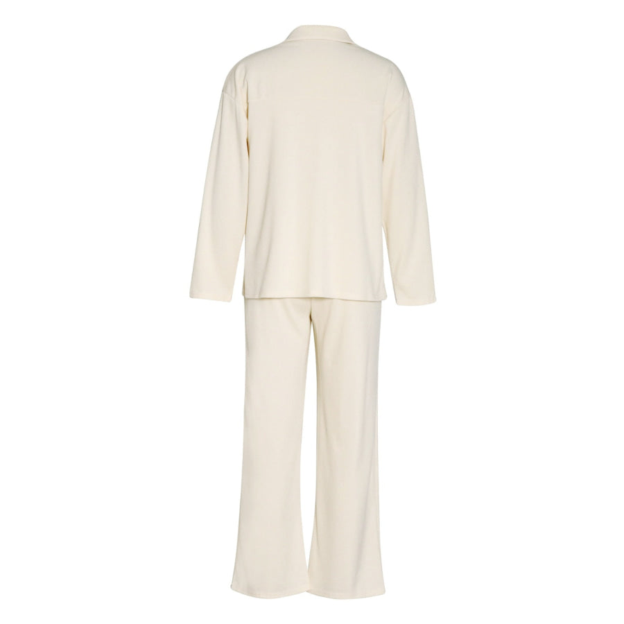 Collared Neck Long Sleeve Top and Drawstring Pants Set Apparel and Accessories