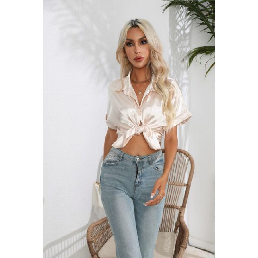 Collared Neck Short Sleeve Shirt Clothing