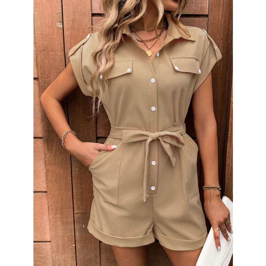 Collared Neck Tie Waist Romper with Pockets Apparel and Accessories