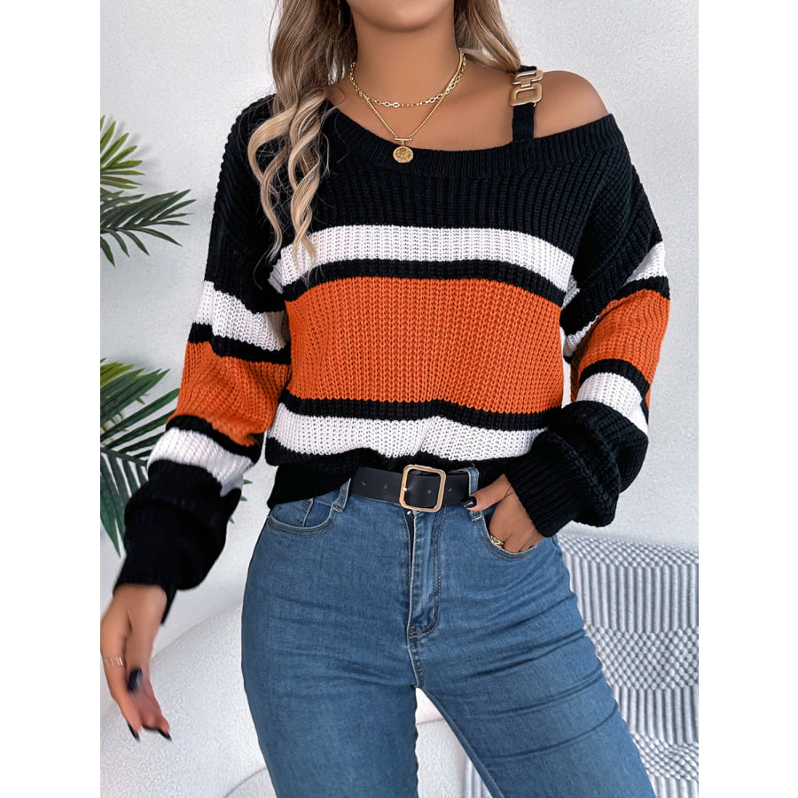 Color Block Asymmetrical Neck Long Sleeve Sweater Apparel and Accessories