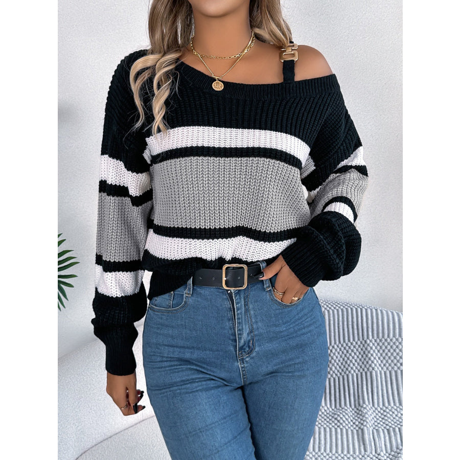 Color Block Asymmetrical Neck Long Sleeve Sweater Apparel and Accessories