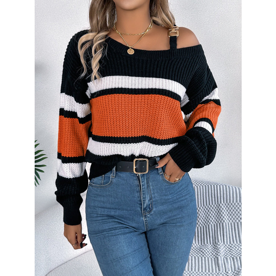 Color Block Asymmetrical Neck Long Sleeve Sweater Apparel and Accessories
