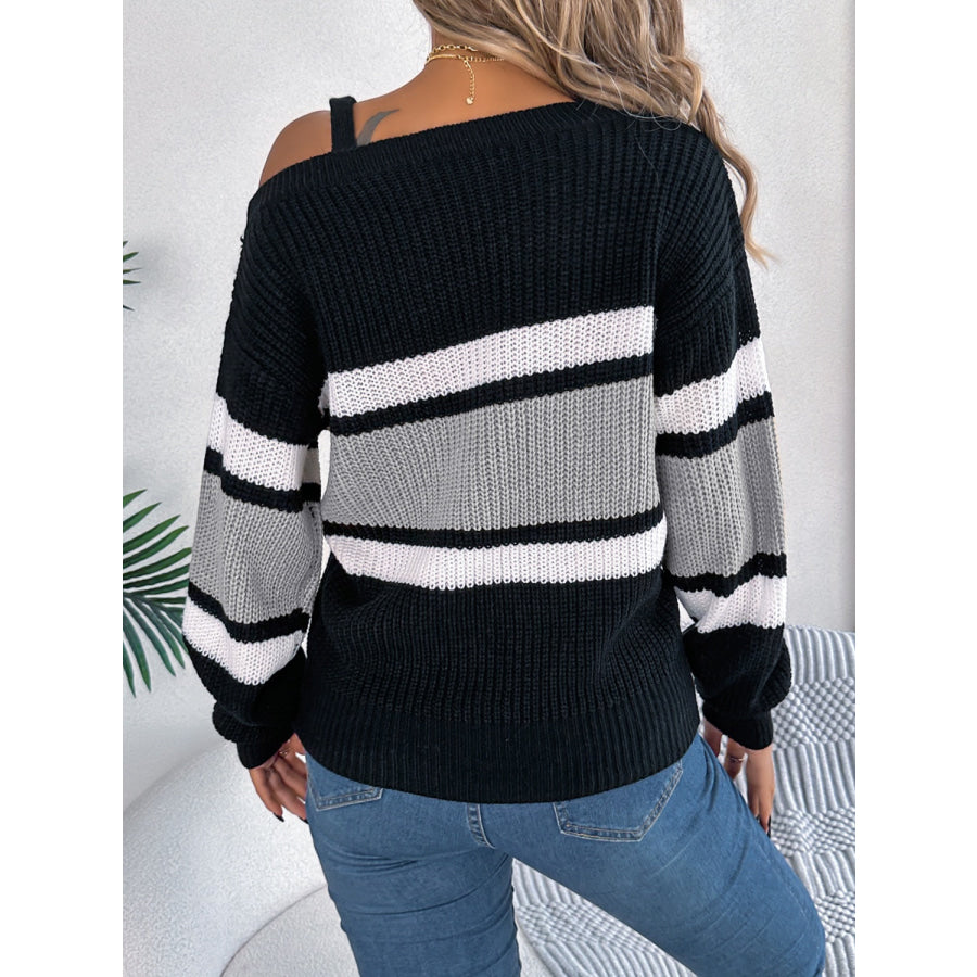 Color Block Asymmetrical Neck Long Sleeve Sweater Apparel and Accessories