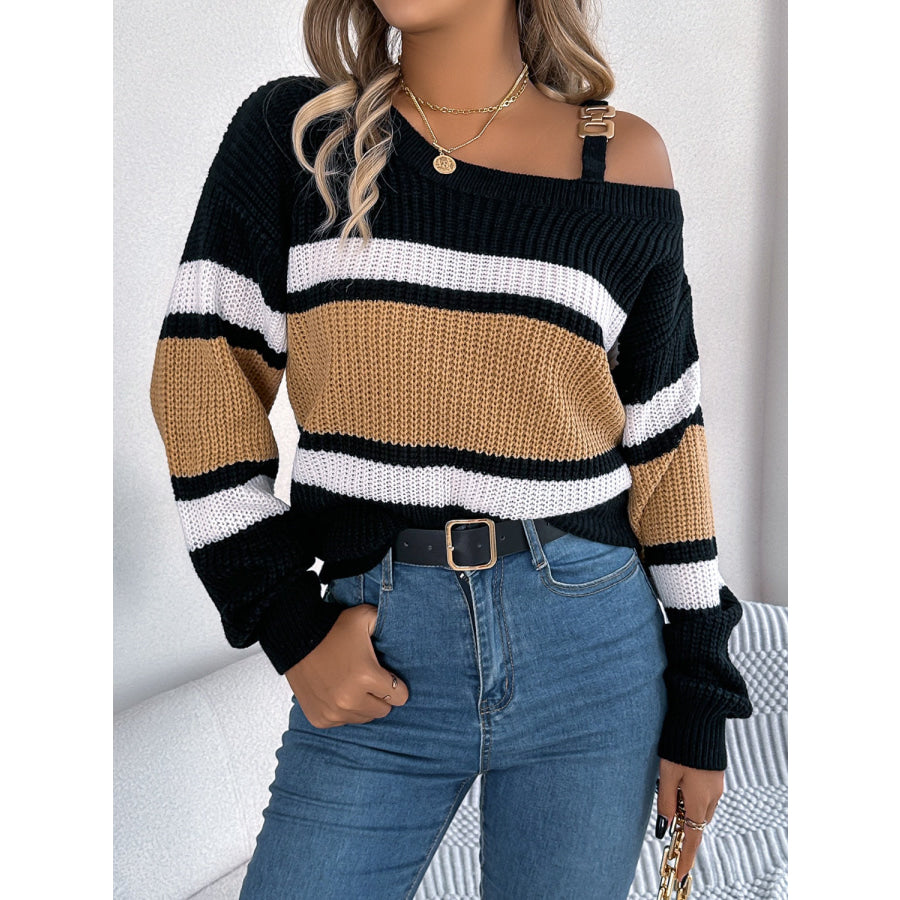 Color Block Asymmetrical Neck Long Sleeve Sweater Apparel and Accessories