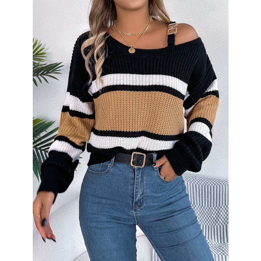 Color Block Asymmetrical Neck Long Sleeve Sweater Apparel and Accessories