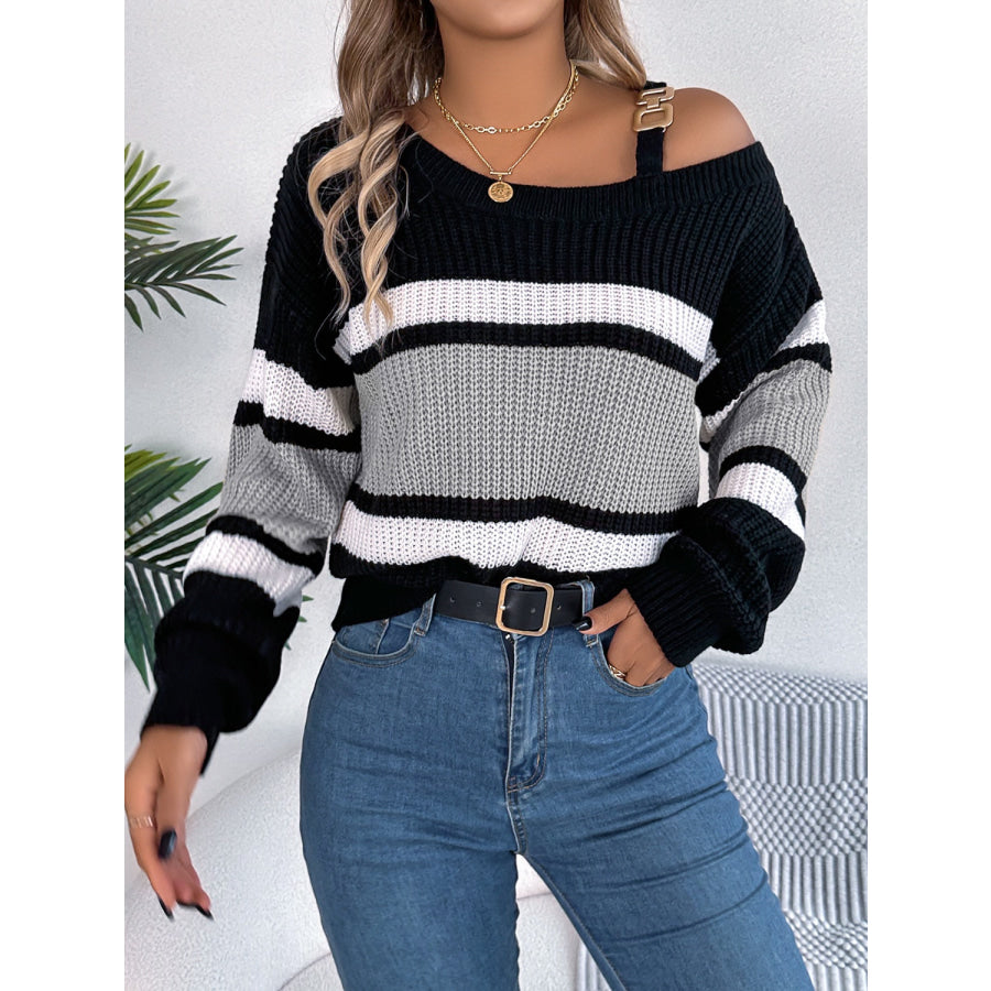 Color Block Asymmetrical Neck Long Sleeve Sweater Apparel and Accessories