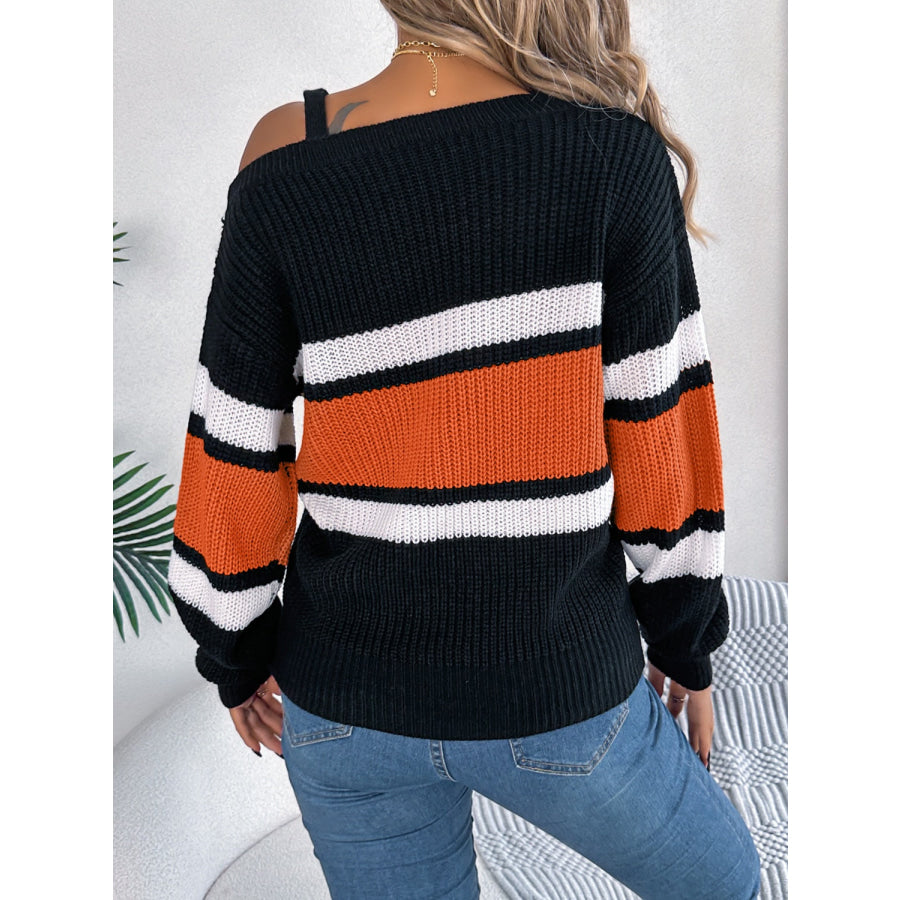 Color Block Asymmetrical Neck Long Sleeve Sweater Apparel and Accessories