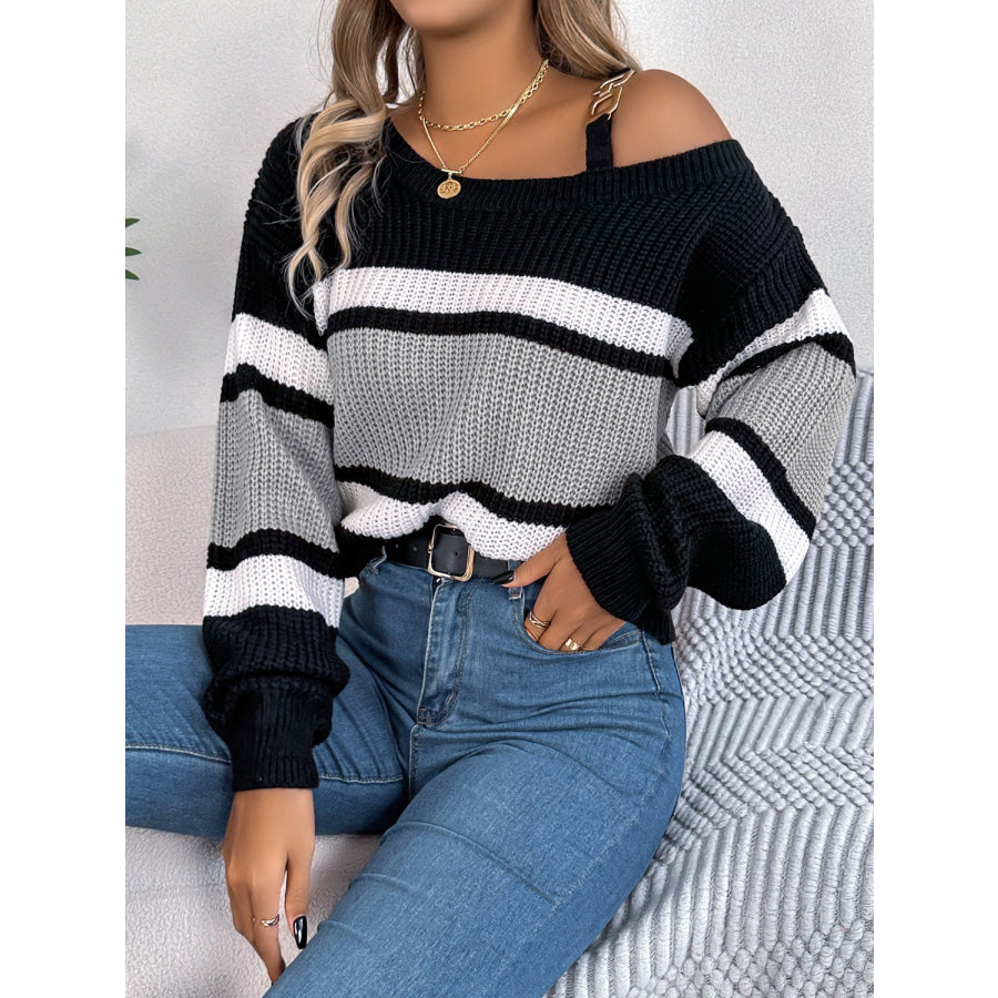 Color Block Asymmetrical Neck Long Sleeve Sweater Apparel and Accessories