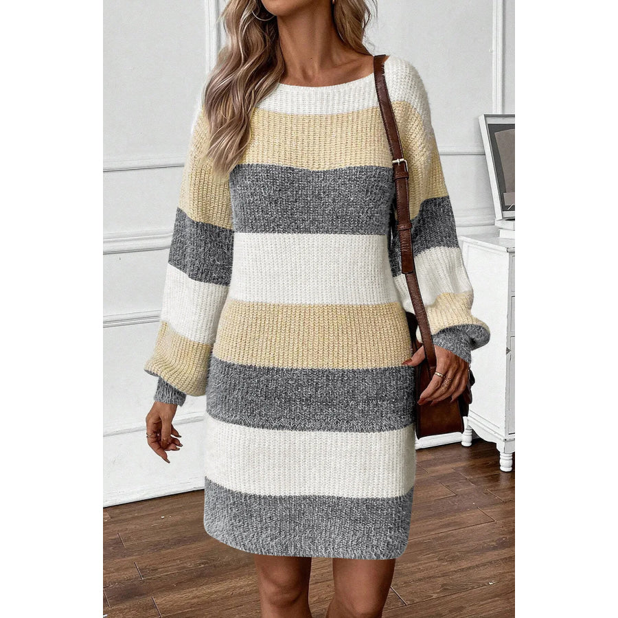 Color Block Boat Neck Long Sleeve Sweater Dress Apparel and Accessories