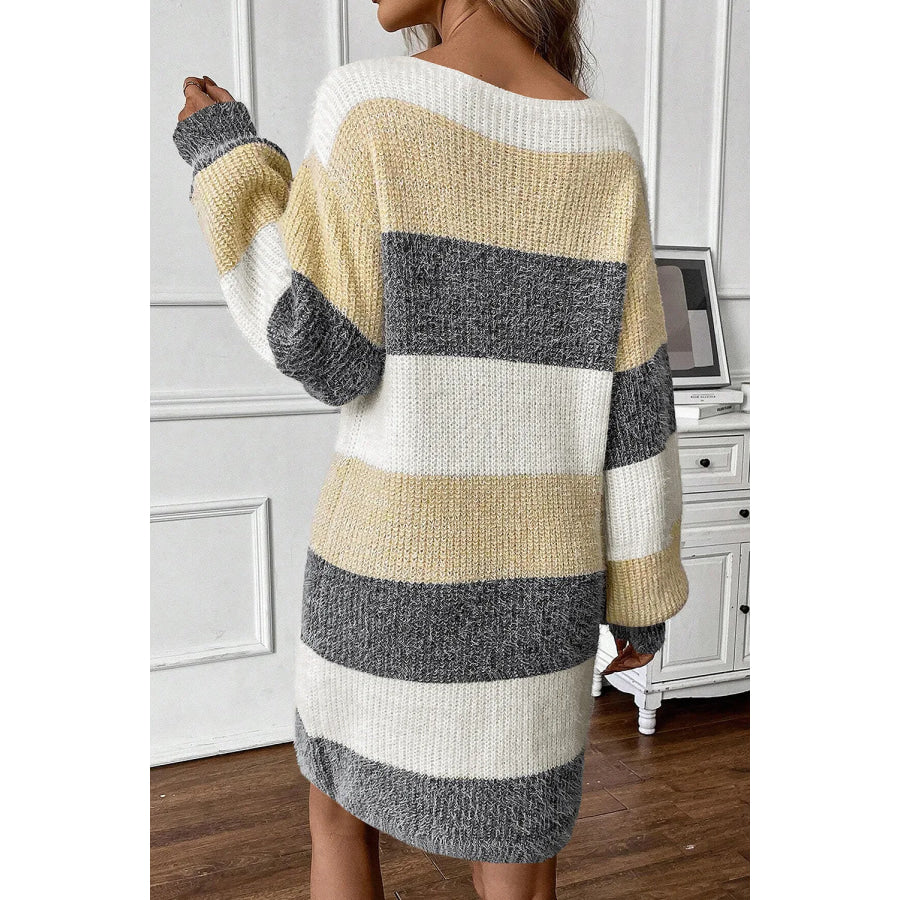 Color Block Boat Neck Long Sleeve Sweater Dress Apparel and Accessories