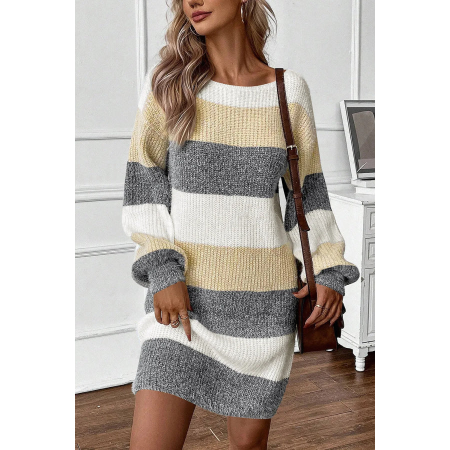 Color Block Boat Neck Long Sleeve Sweater Dress Dark Gray / S Apparel and Accessories