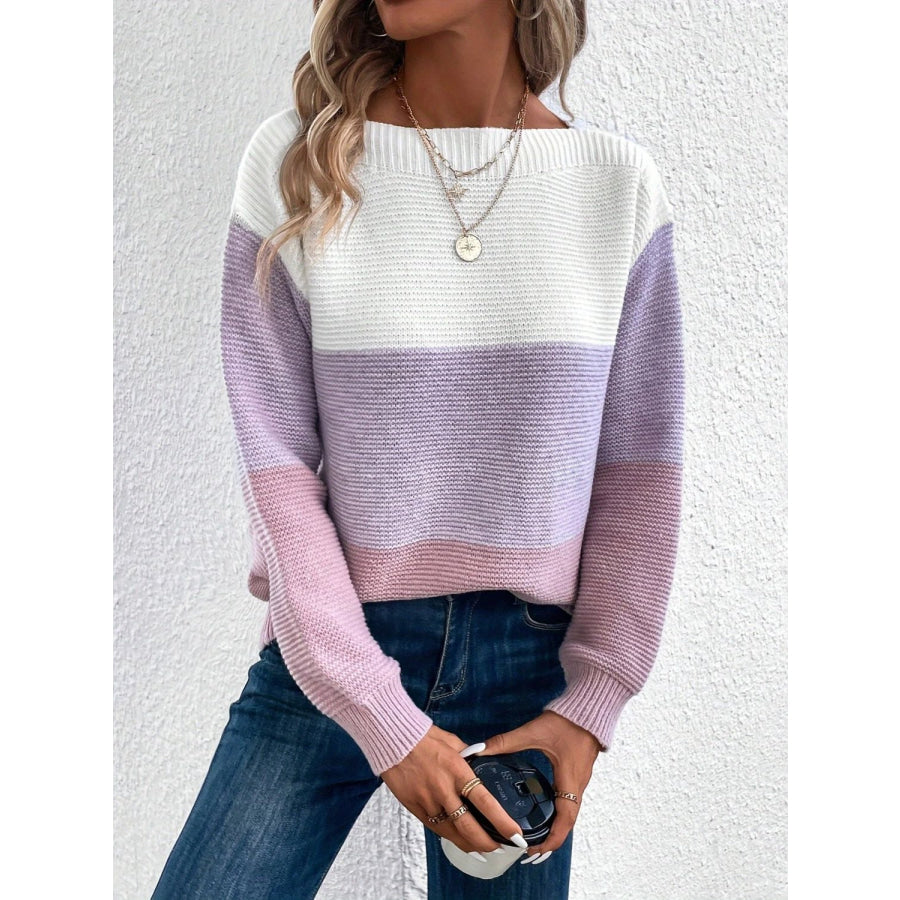 Color Block Boat Neck Sweater Apparel and Accessories
