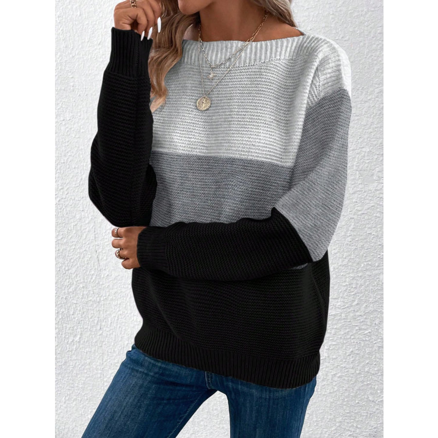 Color Block Boat Neck Sweater Apparel and Accessories