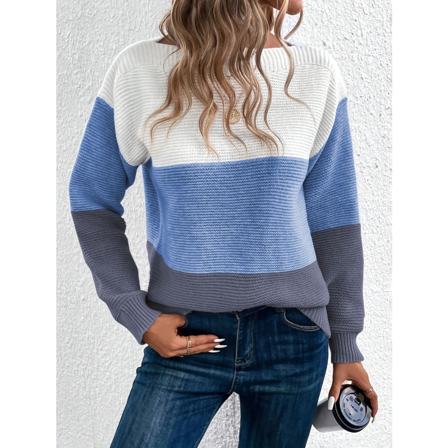 Color Block Boat Neck Sweater Apparel and Accessories