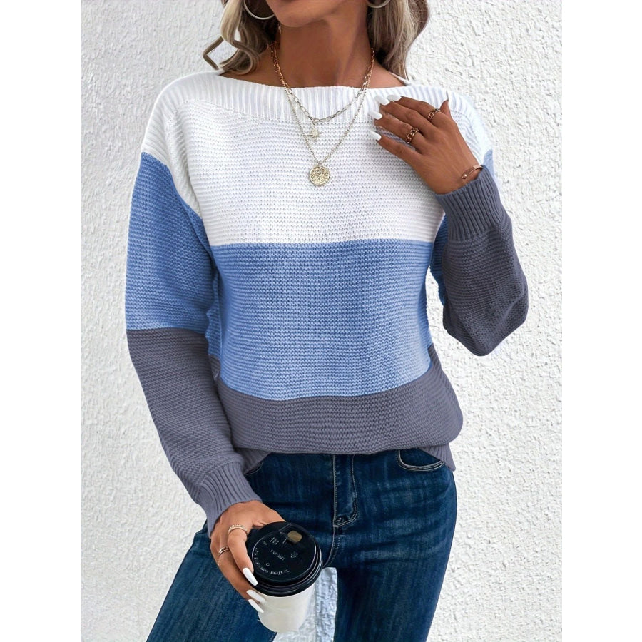 Color Block Boat Neck Sweater Apparel and Accessories