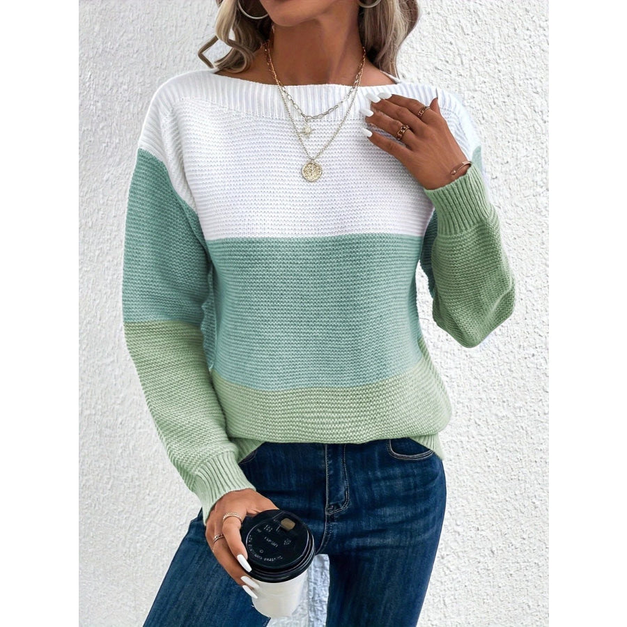 Color Block Boat Neck Sweater Apparel and Accessories