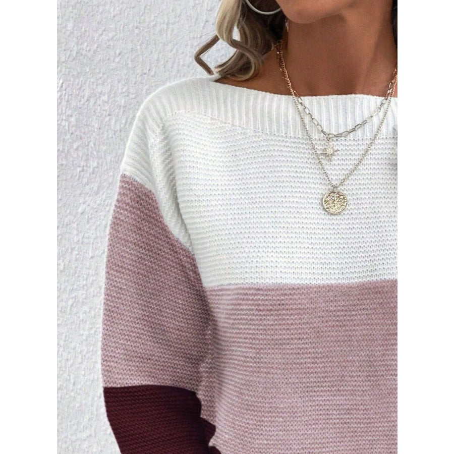 Color Block Boat Neck Sweater Apparel and Accessories