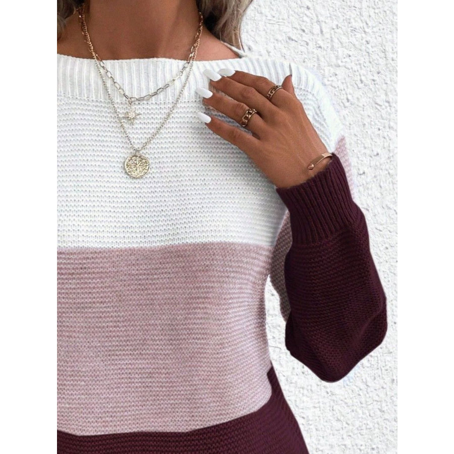 Color Block Boat Neck Sweater Apparel and Accessories