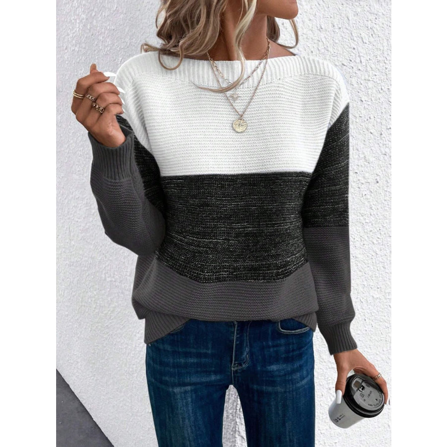 Color Block Boat Neck Sweater Black / One Size Apparel and Accessories