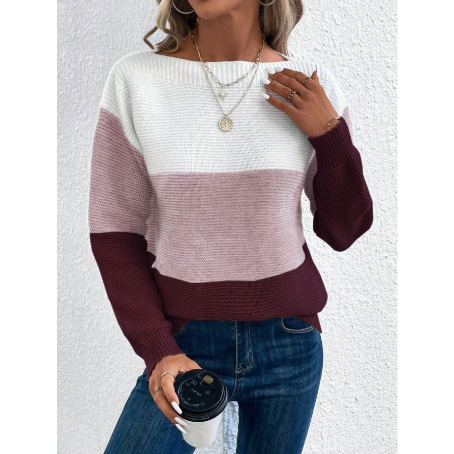 Color Block Boat Neck Sweater Burgundy / One Size Apparel and Accessories
