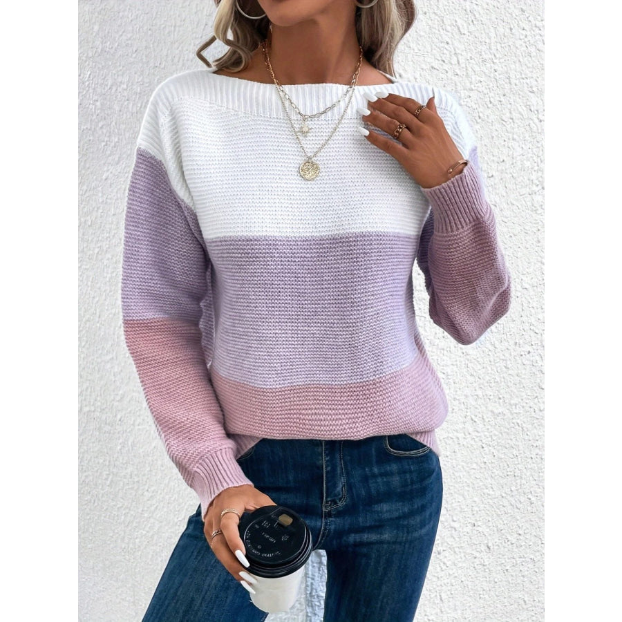 Color Block Boat Neck Sweater Lavender / One Size Apparel and Accessories