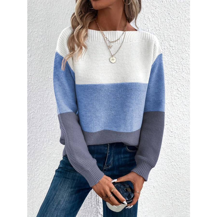 Color Block Boat Neck Sweater Light Blue / One Size Apparel and Accessories
