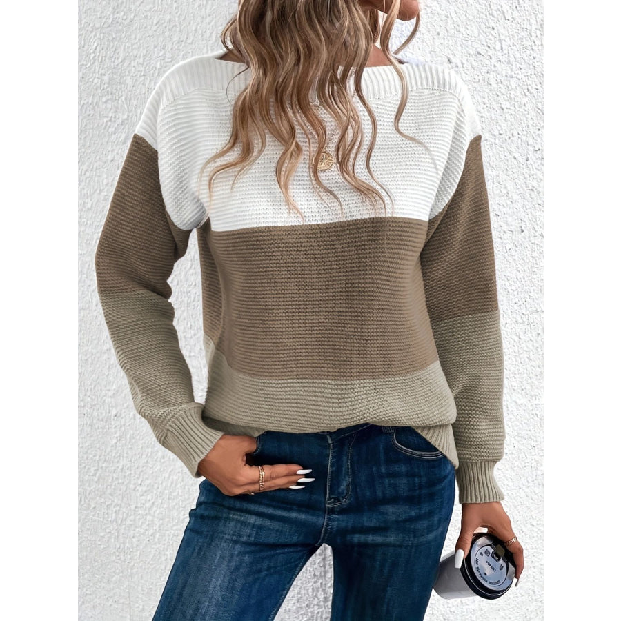 Color Block Boat Neck Sweater Taupe / One Size Apparel and Accessories