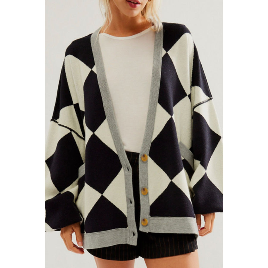 Color Block Button Down Long Sleeve Cardigan Black / S Apparel and Accessories