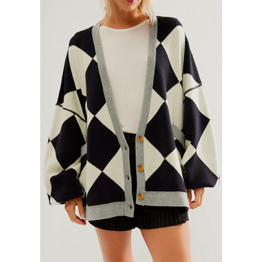 Color Block Button Down Long Sleeve Cardigan Black / S Apparel and Accessories