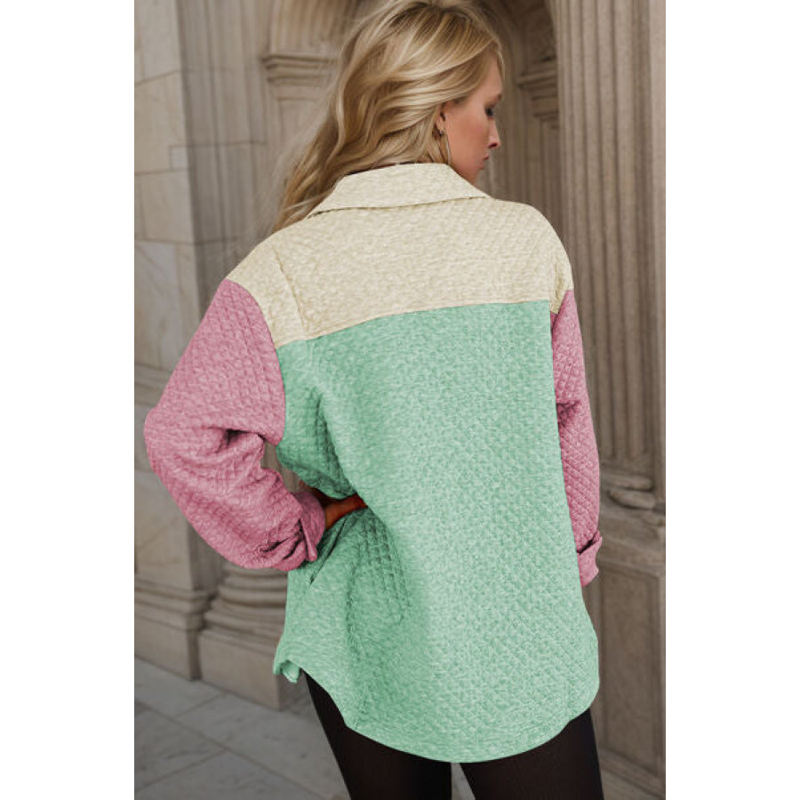 Color Block Button Up Long Sleeve Shacket Gum Leaf / S Apparel and Accessories