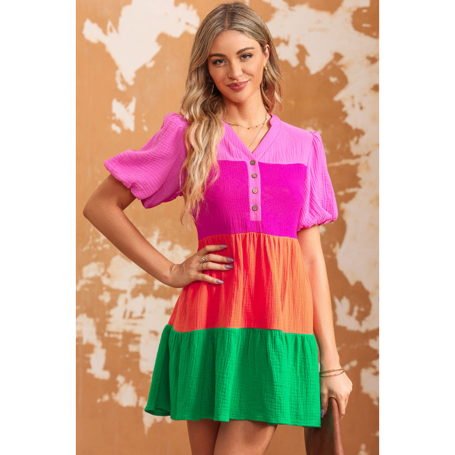 Color Block Buttoned Puff Sleeve Dress Multicolor / S
